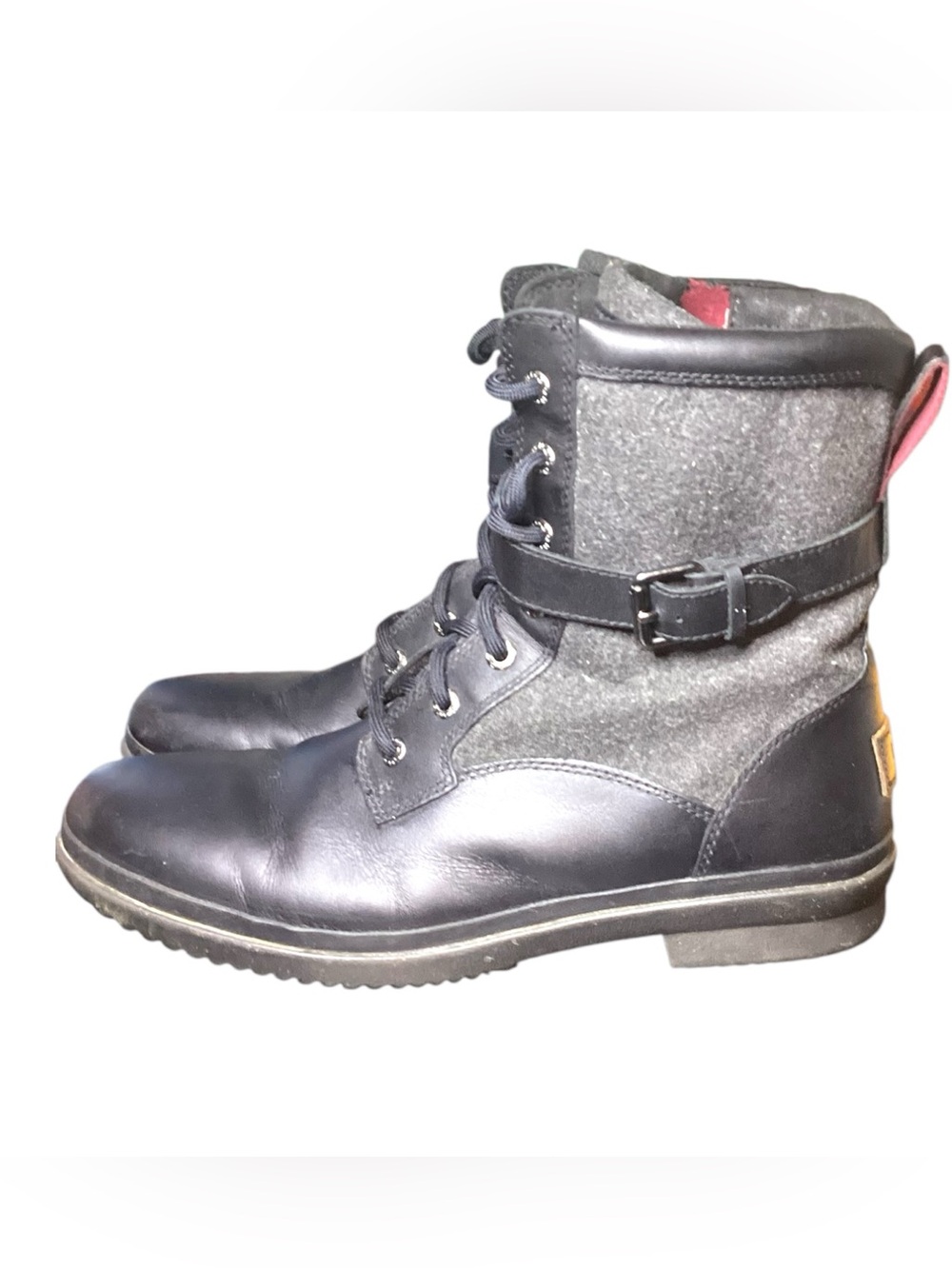 UGG | Kesey Black Leather & Wool Lace Up Buckle Boots Women's Size 10